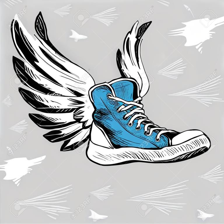 Sneakers Vintage avec des ailes, dessin à la main, illustration vectorielle
