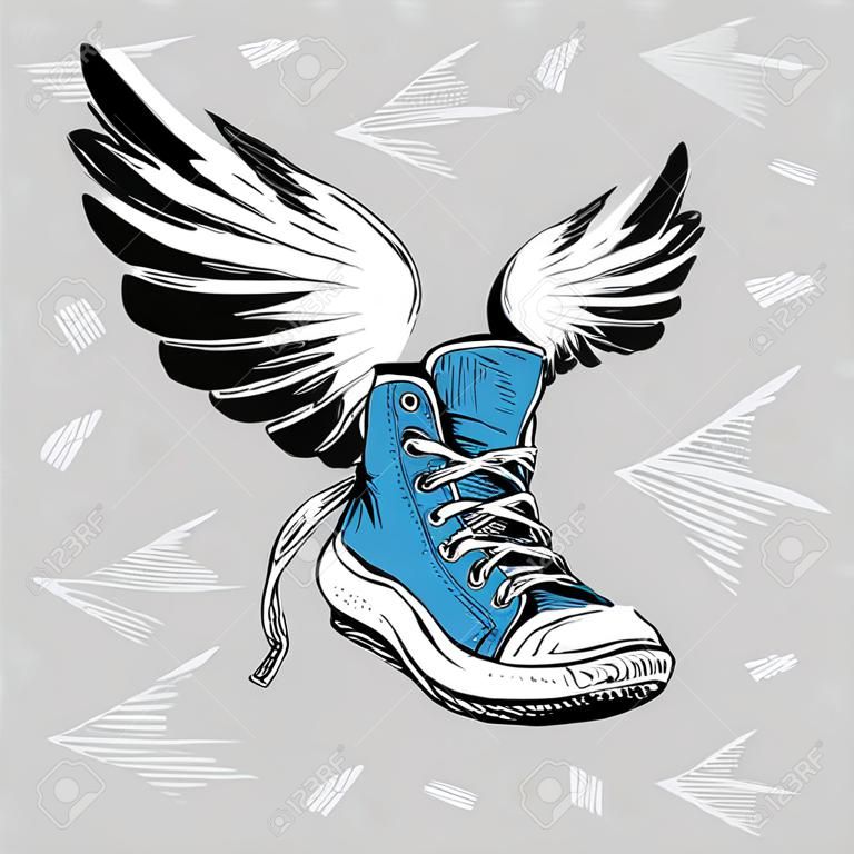 Sneakers Vintage con le ali, disegno a mano, illustrazione vettoriale