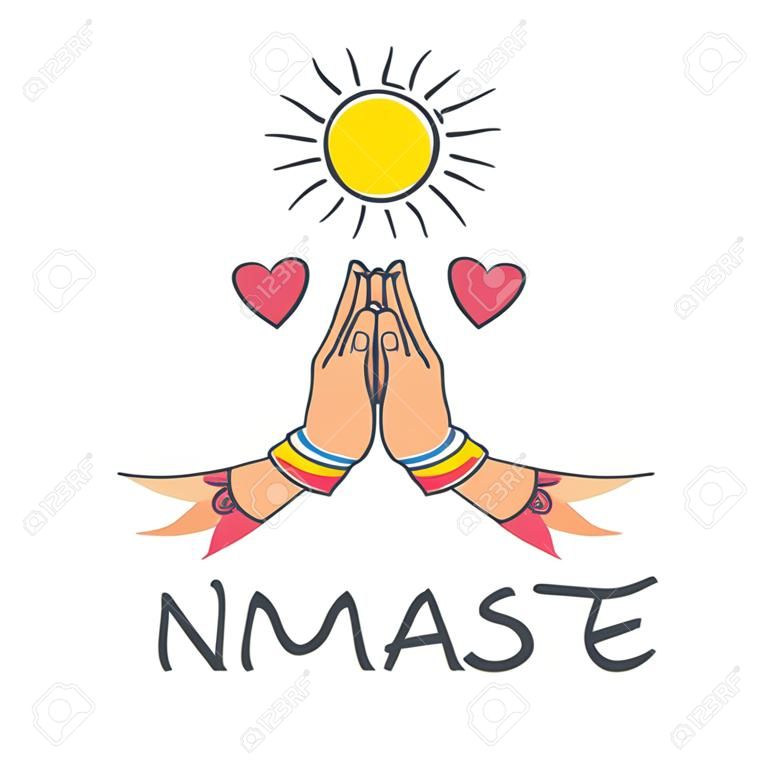 Welcome gesture of hands of Indian woman character in Namaste mudra on insulated background in vector