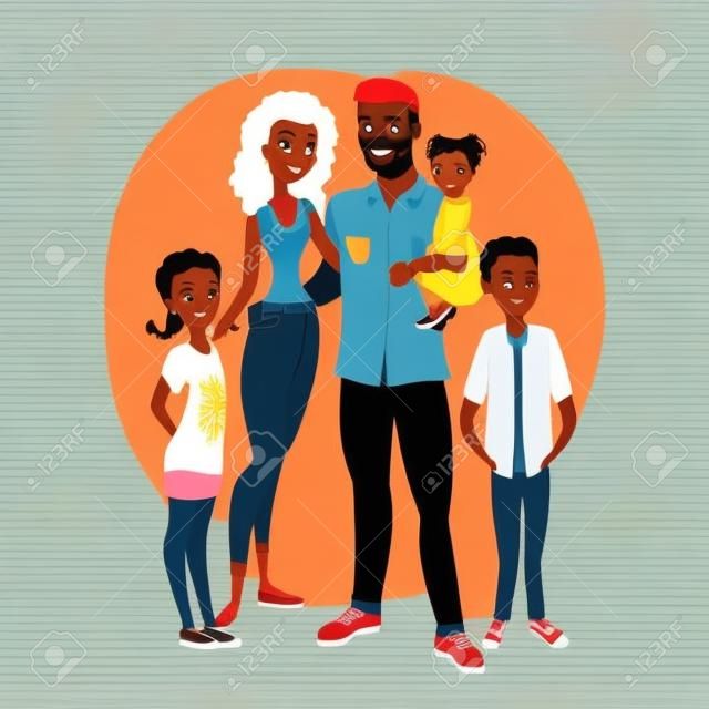 African American family. Father, mother, son and daughters.Cartoon Vector illustration 