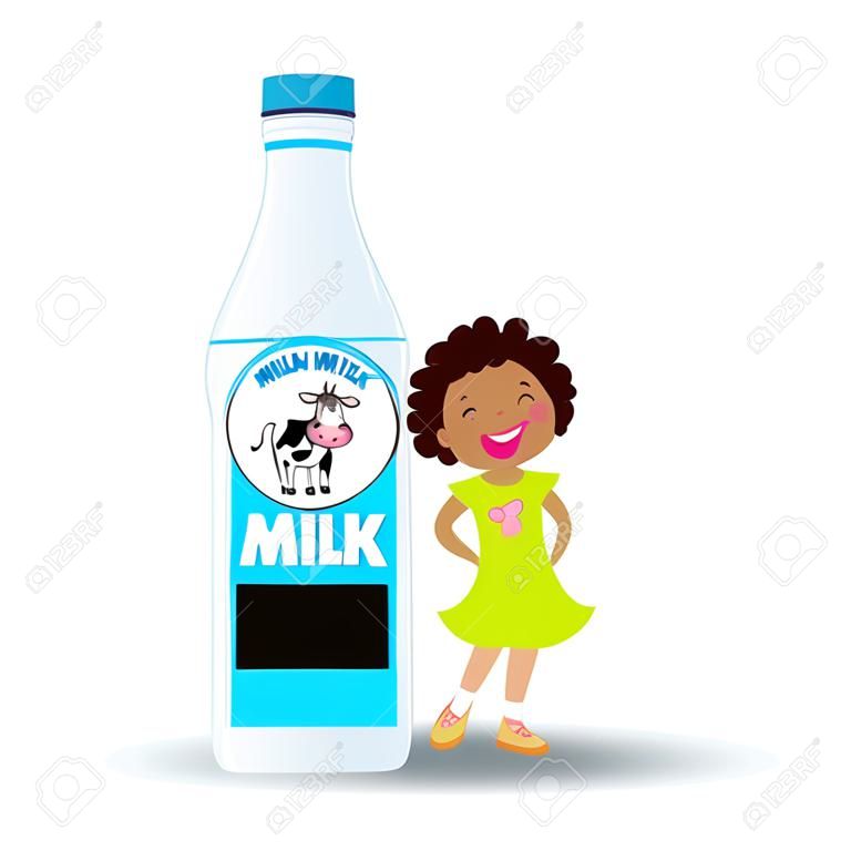A bottle of milk and cow's label and smiley cute girl,isolated on white, healthy children food cartoon characters vector Illustration