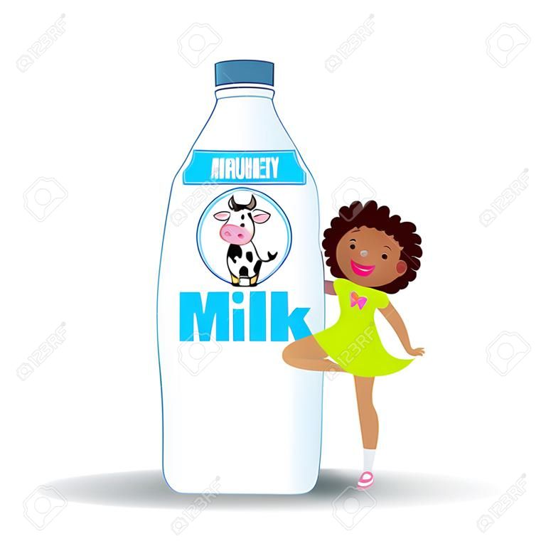 Eine Flasche Milch und Kuhetikett und ein süßes Mädchen des Smileys, lokalisiert auf weißer, gesunder Kinderlebensmittelkarikaturcharaktervektorillustration