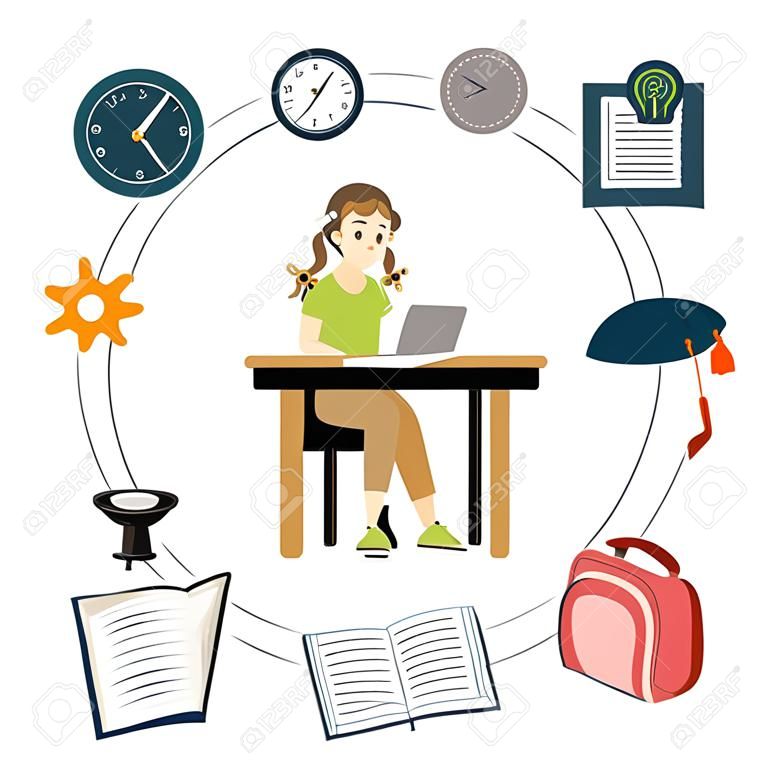 Fille d'adolescent caucasien de dessin animé assis à la table et étudiant, icônes d'apprentissage, illustration vectorielle