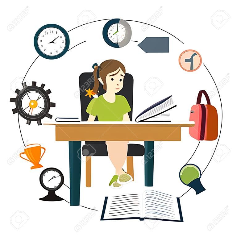 Cartoon caucasian teenager girl sitting at the table and studying,Learning icons, vector illustration