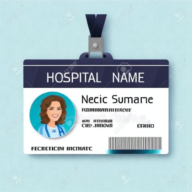 Insignia médica plástica y laminada o tarjeta de identificación, rostro femenino médico, plantilla plana, ilustración vectorial