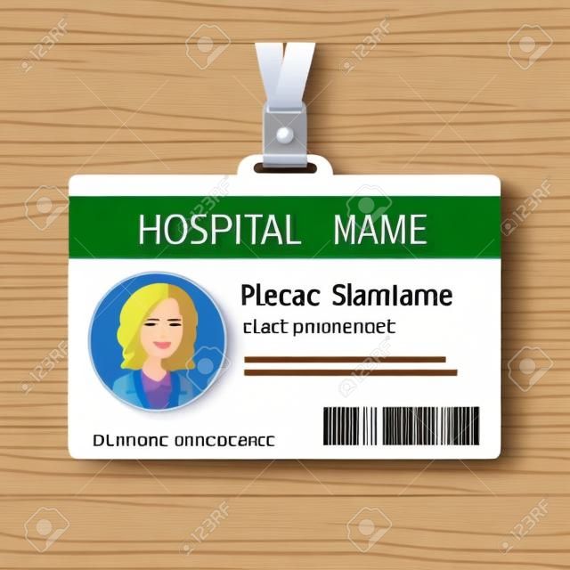 Plastische und laminierte medizinische Plakette oder ID-Karte, weibliches Gesicht des Arztes, flache Vorlage, Vektorillustration