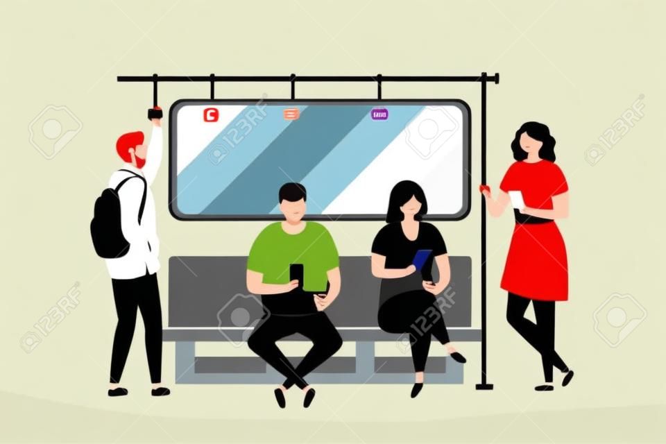 People in the subway, Male and female characters with smartphones, humans sitting and standing in metro, trendy style vector illustration