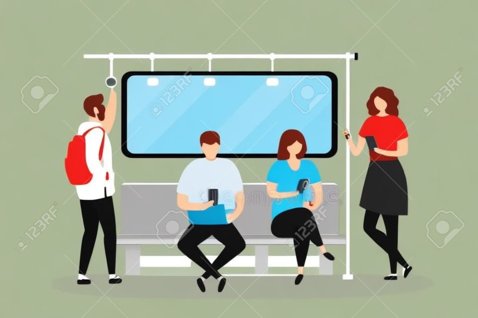 People in the subway, Male and female characters with smartphones, humans sitting and standing in metro, trendy style vector illustration