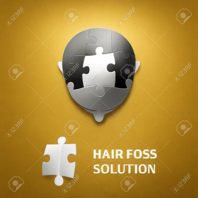 Top view portrait of a man with hair puzzle elements. Jigsaw puzzle hair loss solution. Solving hair loss problem concept. Hair transplantation. Perfect design for hair clinics or diagnostic centres.