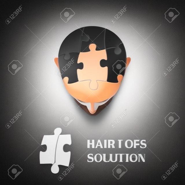 Top view portrait of a man with hair puzzle elements. Jigsaw puzzle hair loss solution. Solving hair loss problem concept. Hair transplantation. Perfect design for hair clinics or diagnostic centres.