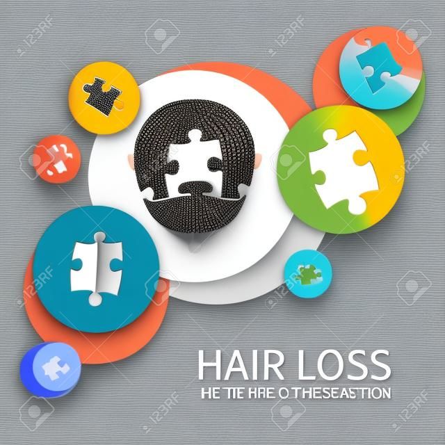 Vue de dessus d'un homme avec des pièces de puzzle cheveux. Jigsaw puzzle perte de cheveux éléments infographiques. Résolution de la perte de cheveux concept de problème. La conception parfaite pour les cliniques de cheveux ou des centres de diagnostic.