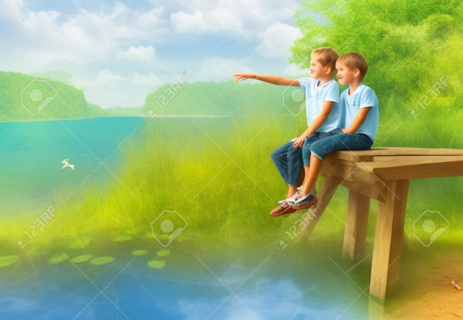 Birdwatchers boy and girl sitting on a wooden pier by a summer lake observing birds
