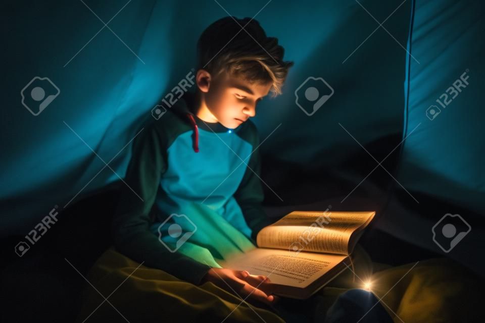 Teen ragazzo seduto in una tenda da campeggio avvolta in un sacco a pelo, leggendo un libro con la torcia elettrica di notte