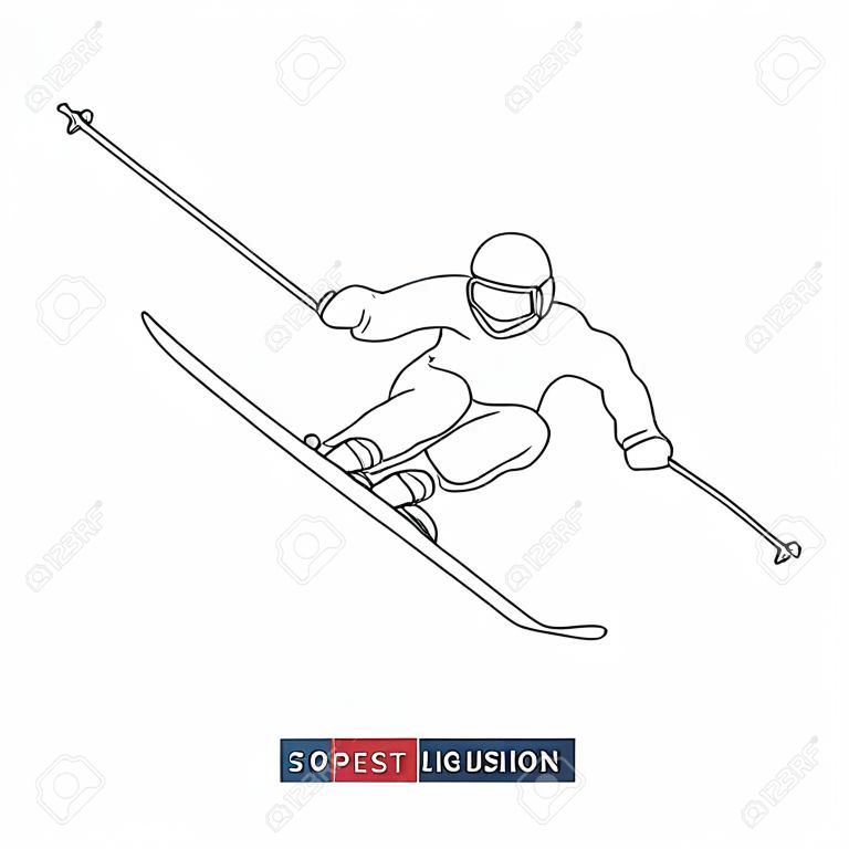 Desenho de linha contínua de esquiador descendo da montanha. Esportes e recreação nas montanhas. Modelo para seus trabalhos de design. Ilustração vetorial.