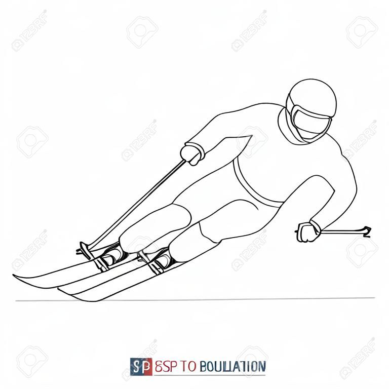 Desenho de linha contínua de esquiador descendo da montanha. Esportes e recreação nas montanhas. Modelo para seus trabalhos de design. Ilustração vetorial.