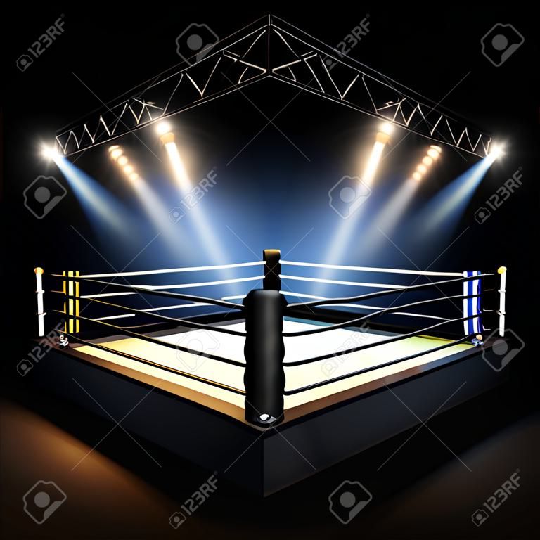 Een 3d render illustratie van lege professionele boksring met verlichting door schijnwerpers.