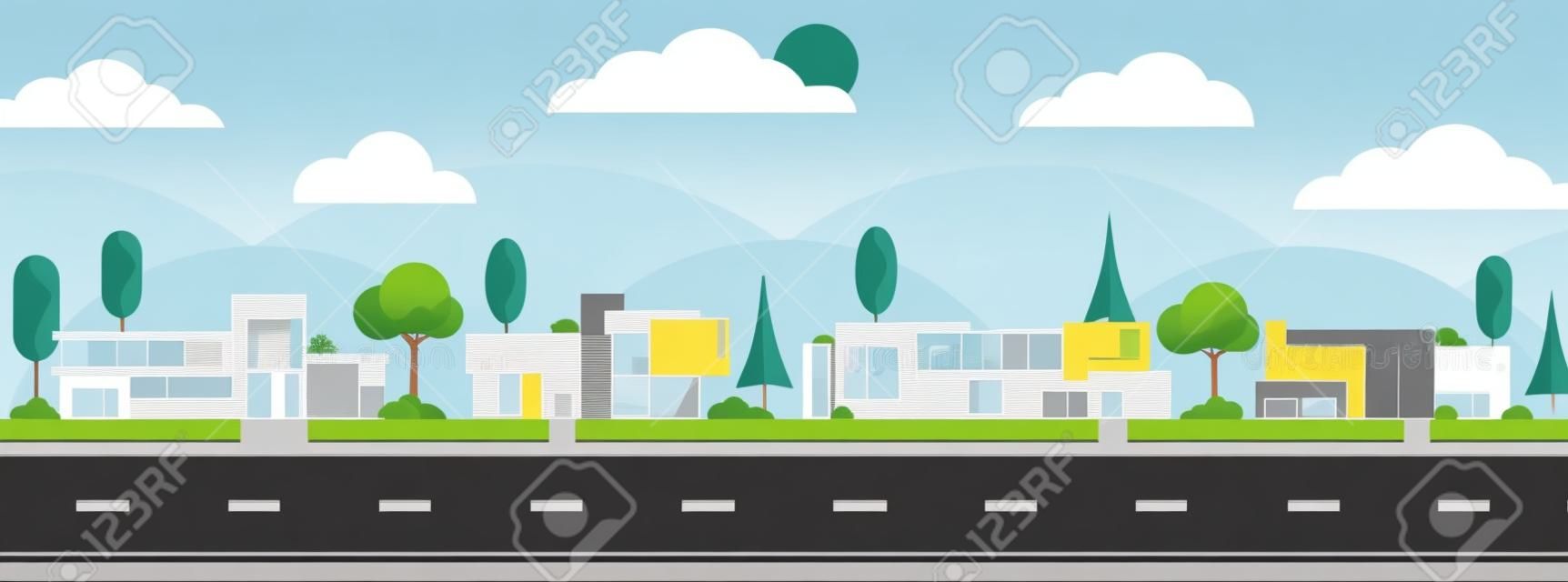 Landscape of modern houses with tree and clouds and along the roads, Modern building and architecture along the roads, Flat home vector illustration.