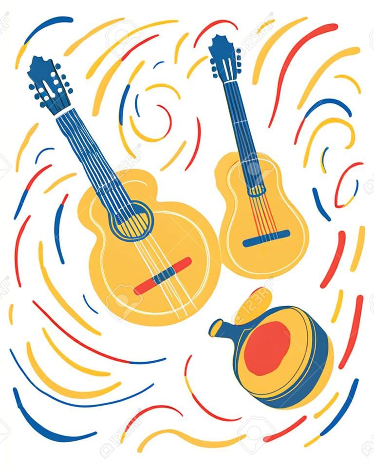 Illustration of spanish national instruments such as guitar, bandurria and castanets