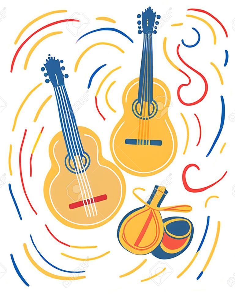 Illustration of spanish national instruments such as guitar, bandurria and castanets