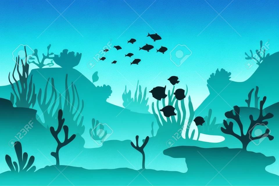 Ocean bottom silhouette of seaweed. Beautiful marine vector illustration.