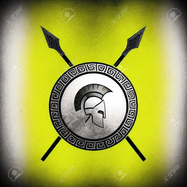 Vector illstration of spartan helmet and shield logo on white background.
