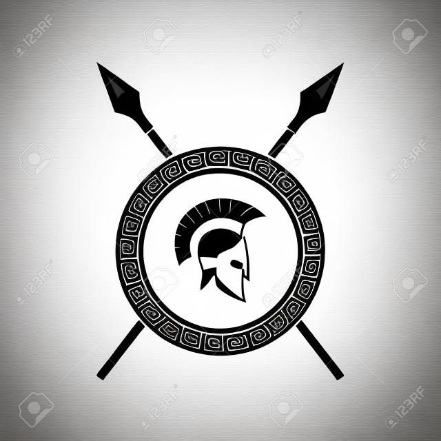 Illstration di vettore del logo spartano casco e scudo su priorità bassa bianca.