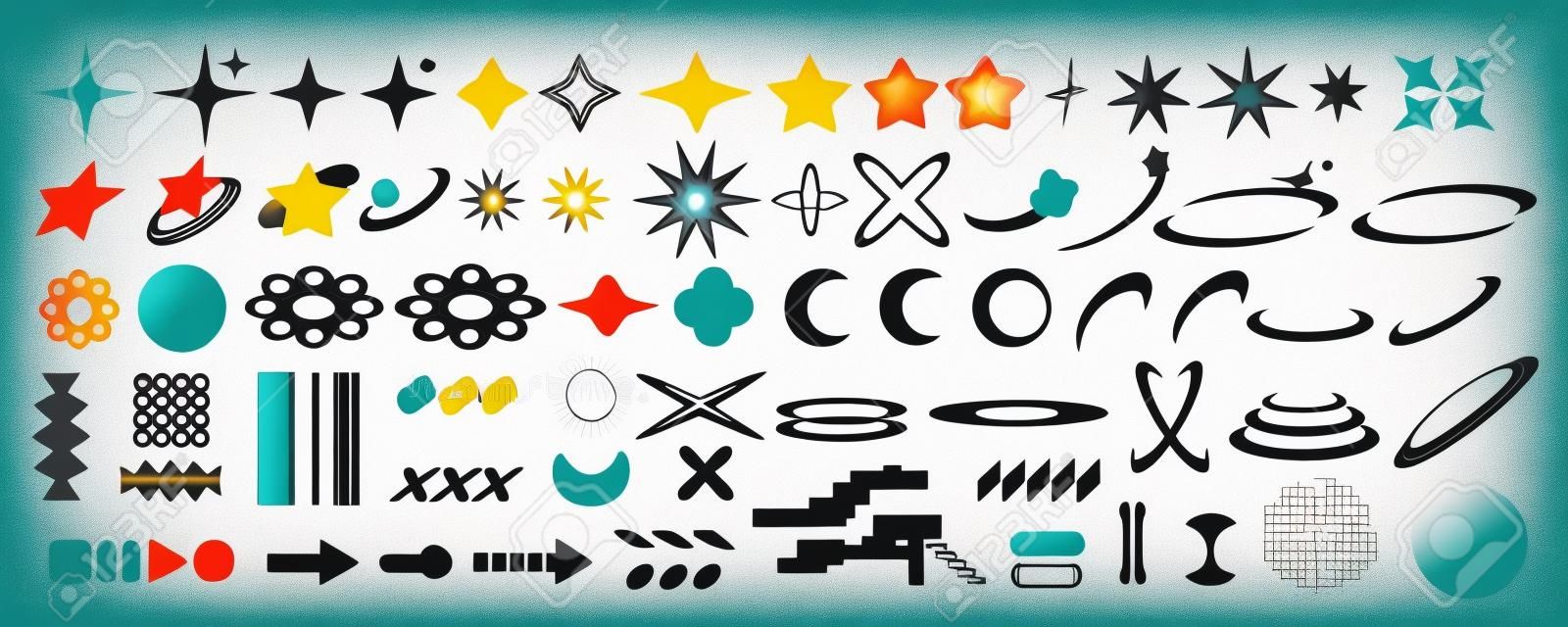 Set of Y2K bling retro elements and abstract brutalism shapes. Hipster graphic objects for icon, web design. Modern vector illustration isolated on white background