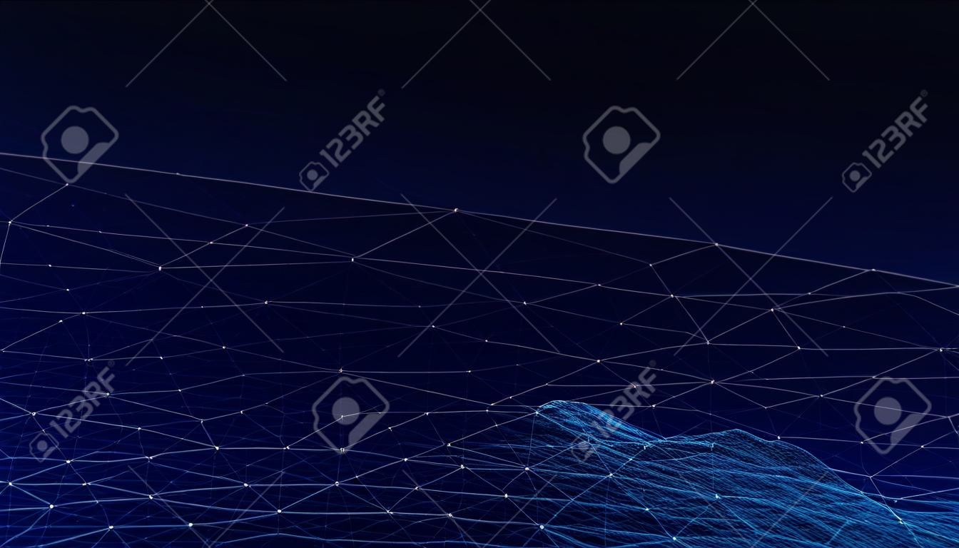 Network connection with dots and lines on dark blue background. 3D rendering.