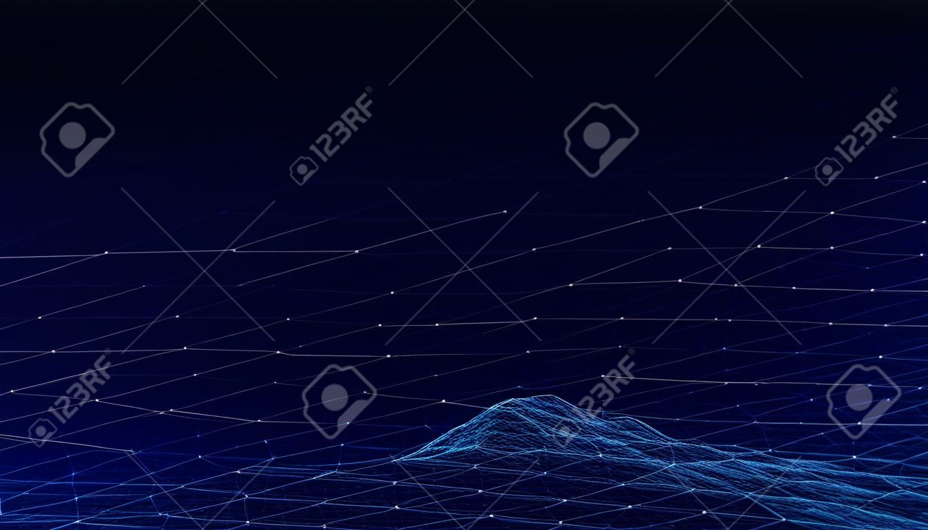 Połączenie sieciowe z kropkami i liniami na ciemnoniebieskim tle renderowania 3d