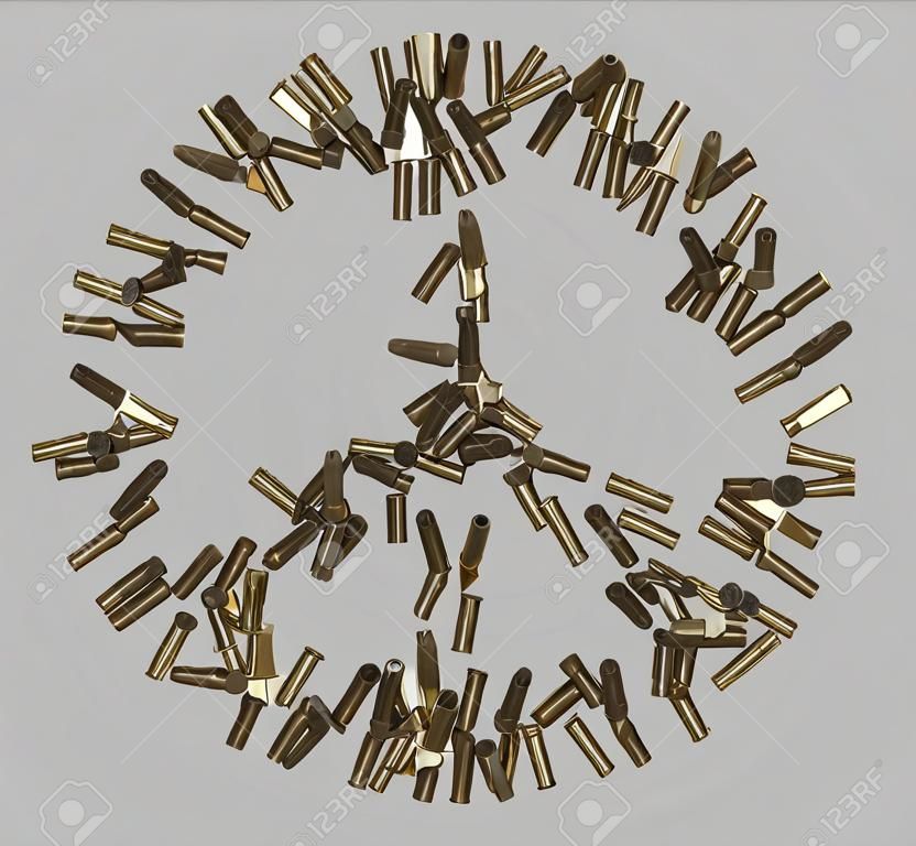 Peace symbol made of bullets on grey