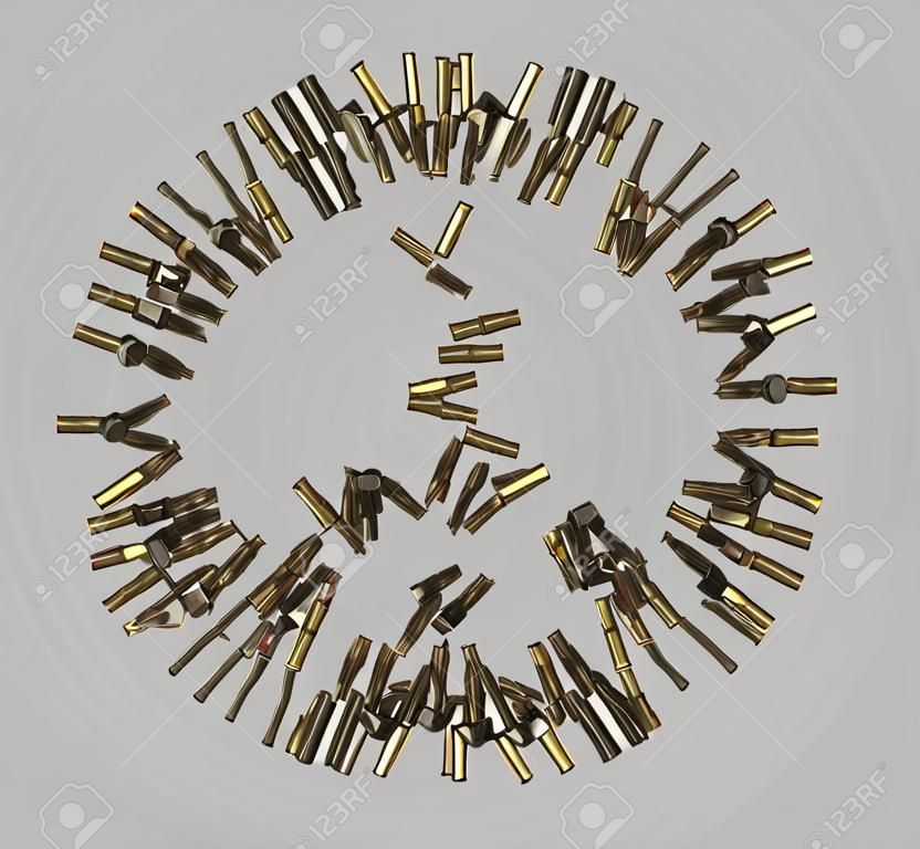 Peace symbol made of bullets on grey