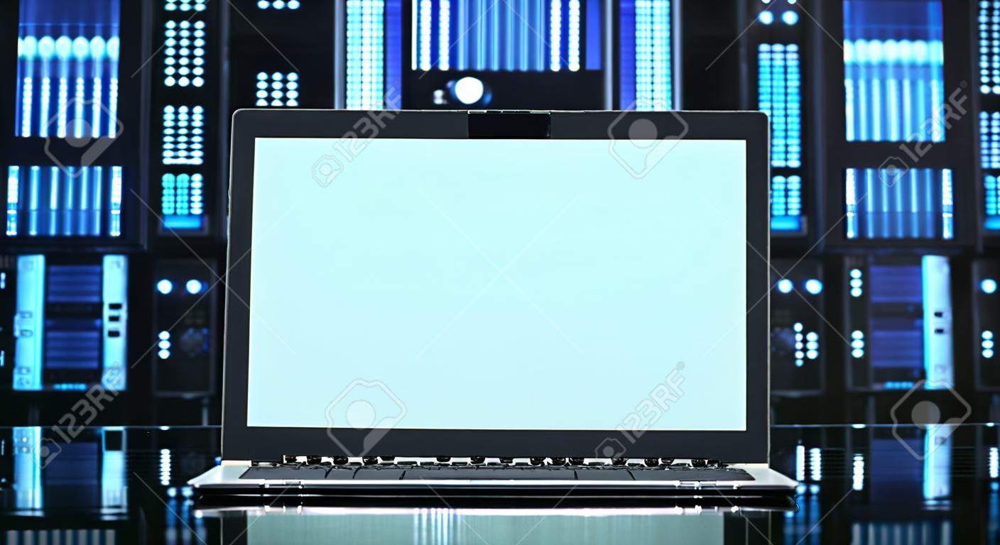 Blank laptop screen in front of computer server. This image is a mixed media with 3d render