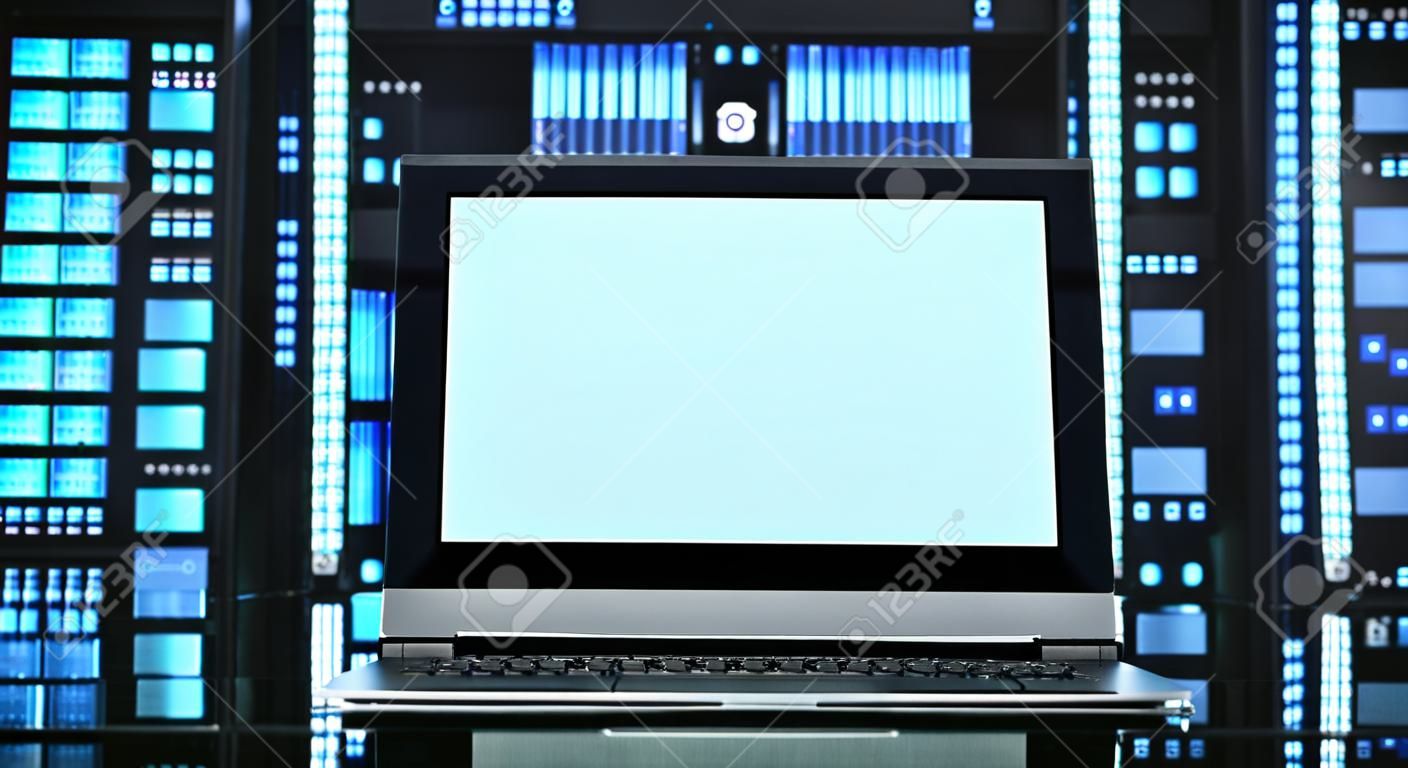 Blank laptop screen in front of computer server. This image is a mixed media with 3d render