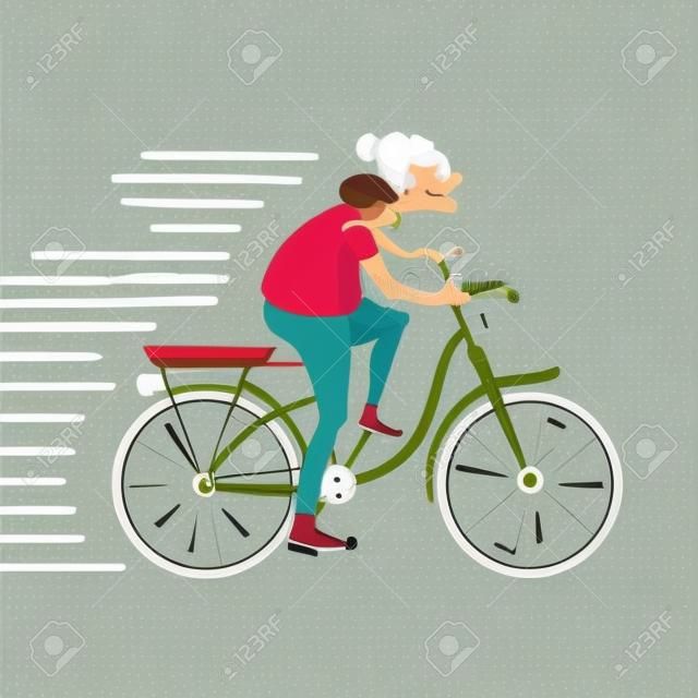La anciana está montando una bicicleta. Ilustración vectorial de dibujos animados. Diseño de personaje.