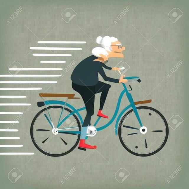 늙은 여자는 자전거를 타고있다. 만화 벡터 일러스트 레이 션. 캐릭터 디자인.