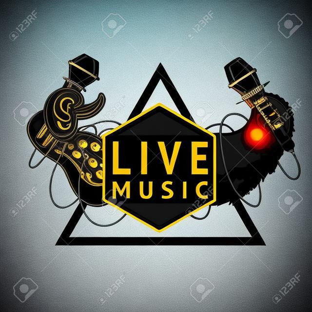 Live music event sign with two microphones. Isolated color emblem.