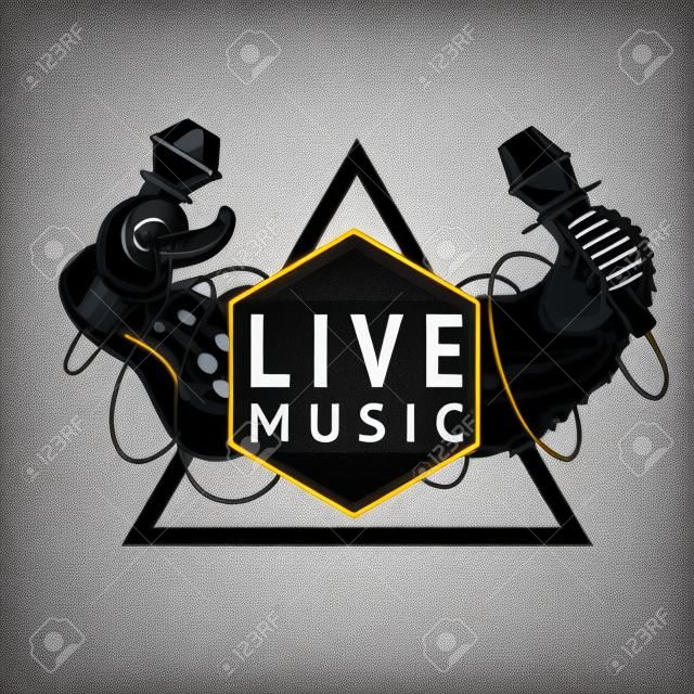 Live music event sign with two microphones. Isolated color emblem.