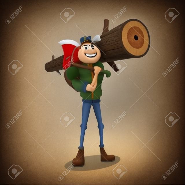 Strong lumberjack carries axe and big log. Isolated 3d cartoon character.