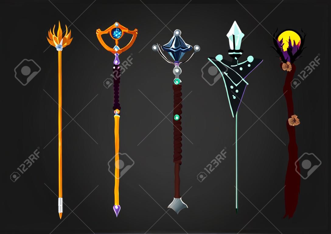 Magic wizard wand set. Fantasy staff collection.