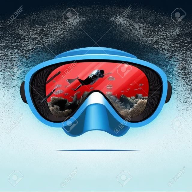 Diving mask with scuba diver on reflection. Extreme sport vector background. Diving on coral reef. Double exposure illustration.