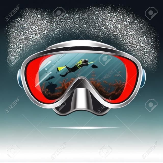 Diving mask with scuba diver on reflection. Extreme sport vector background. Diving on coral reef. Double exposure illustration.