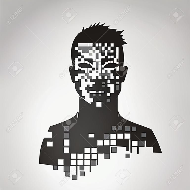 Icône de vecteur anonyme. Notion de confidentialité. Tête humaine au visage pixélisé. Illustration de la sécurité des données personnelles.