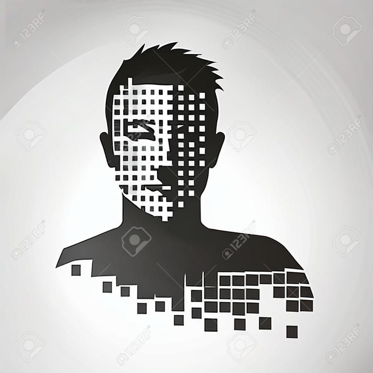 Icône de vecteur anonyme. Notion de confidentialité. Tête humaine au visage pixélisé. Illustration de la sécurité des données personnelles.