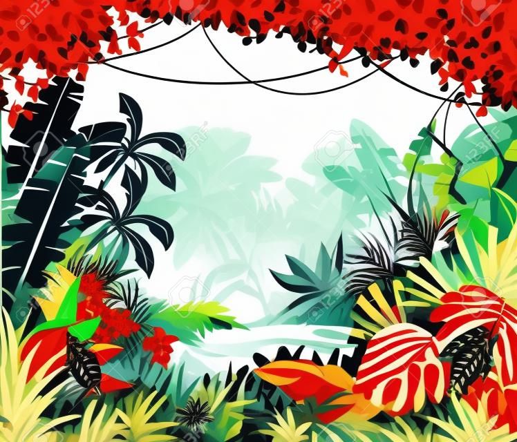 Selva de ilustração com flores vermelhas