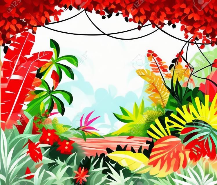 Illusztráció dzsungelben piros virágokkal