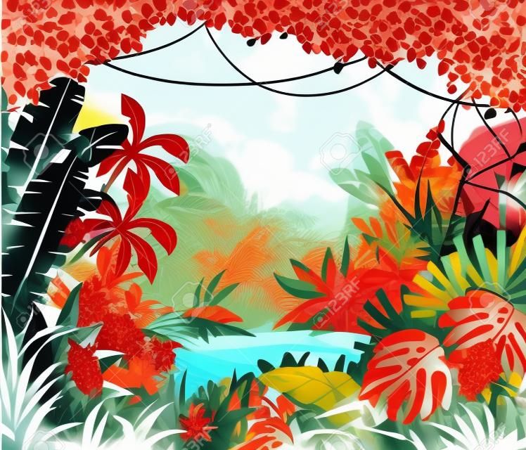 Illusztráció dzsungelben piros virágokkal