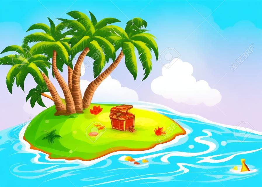 île Illustration avec des palmiers et un coffre au trésor