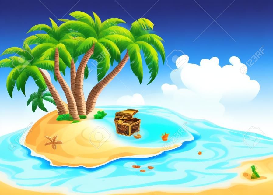 Isla de ilustración con palmeras y un cofre del tesoro