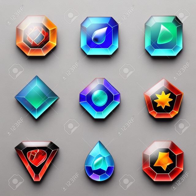 Set van cartoon gekleurde stenen met verschillende tekens element voor gebruik in het spel, drie op een rij