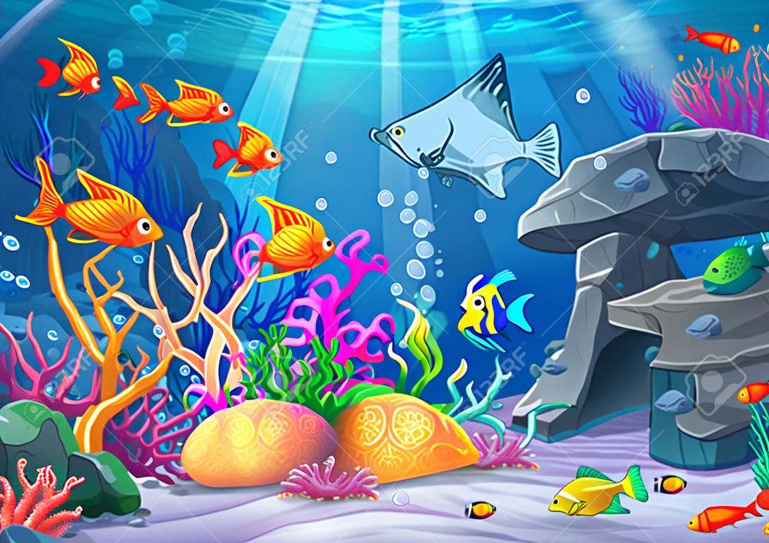 Vector cartoon illustration undersea world with funny character cramp-fish surrounded coral, reef, rock, fish, crab, shell